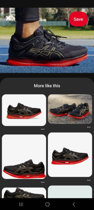 Using Pinterest Lens app to find shoes from picture